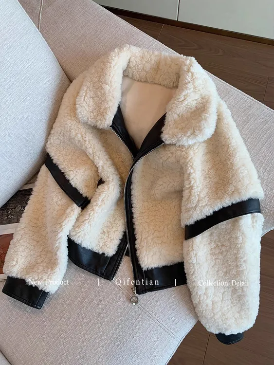 酷飒撞色拼皮翻领羊羔毛外套女2025冬季新款时尚气质百搭保暖上衣