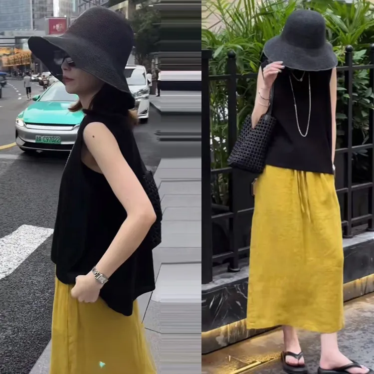 慵懒感无袖上衣半身裙套装2025夏季新款气质韩系松弛感百搭两件套