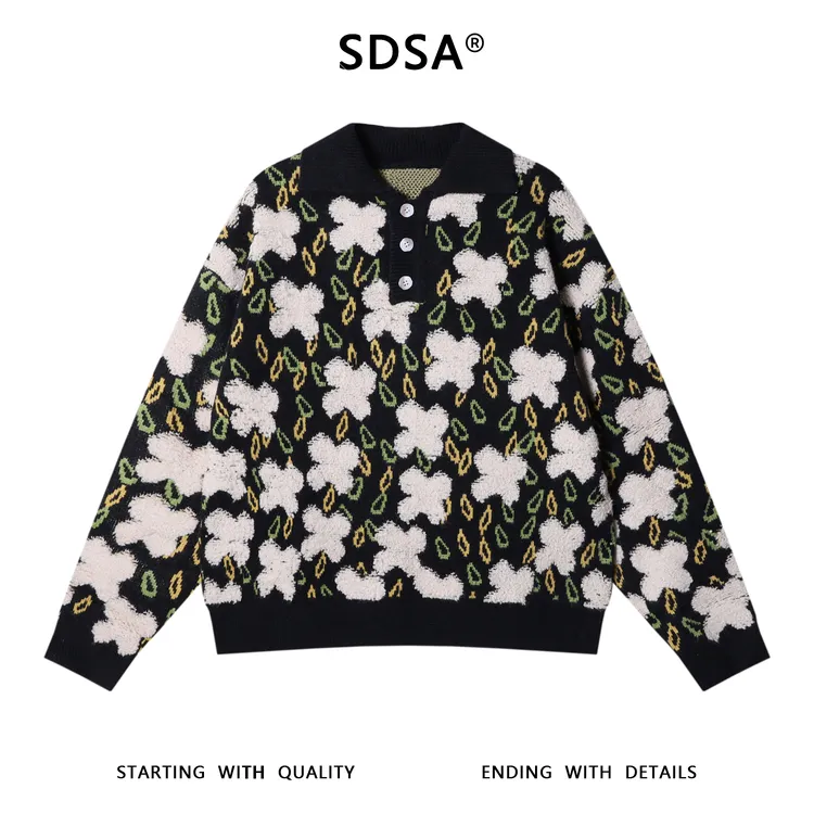 SDSA男士秋冬新款痞帅男装美式复古老花polo领针织衫百搭时尚毛衣