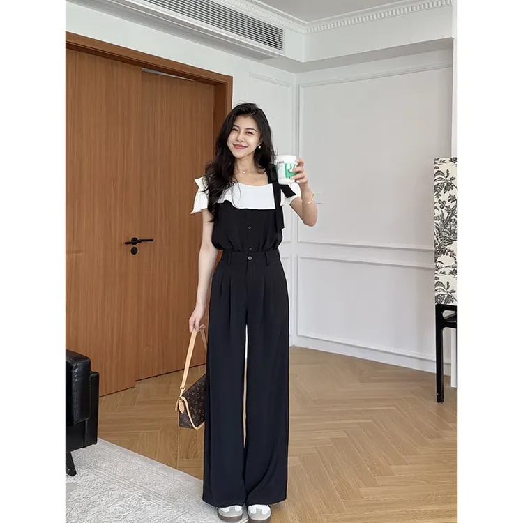 张阿星【淡雅佳人】气质斜肩绑带撞色时尚休闲上衣+高腰垂感直筒裤