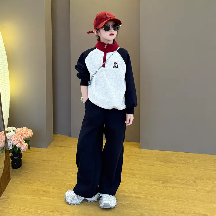 女童2025新款儿童秋冬季加绒韩版时尚休闲运动拼色卫衣卫裤套装潮