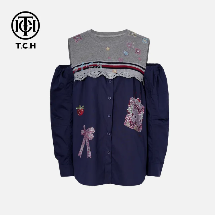 TCH私服秋款烫钻工艺时尚百搭淑女风圆领衫女T75C11E1002轻奢tch
