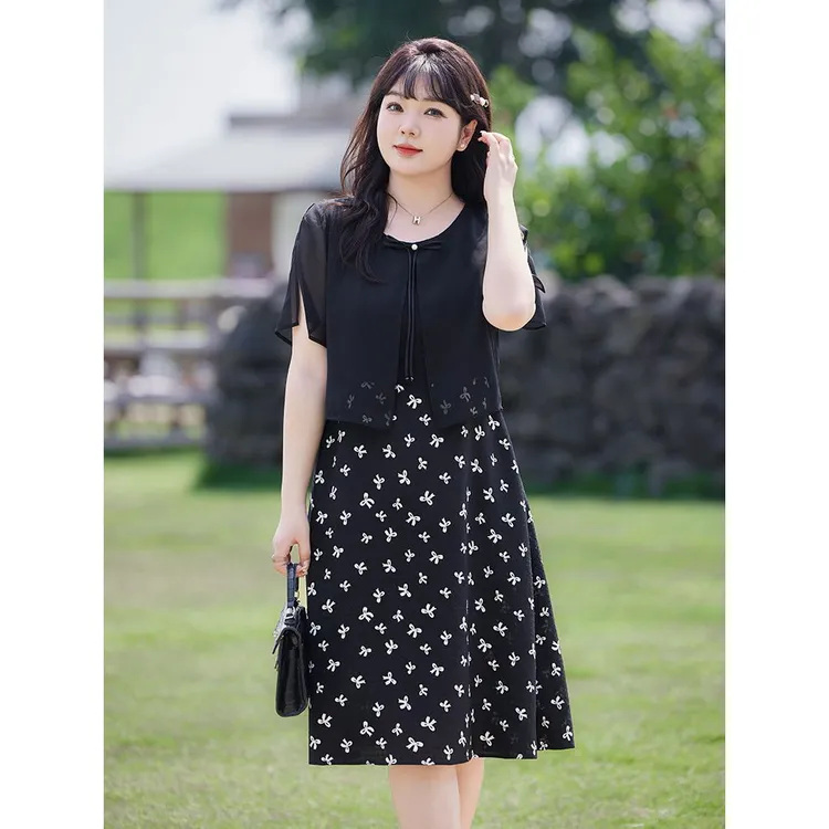 显瘦胖妈妈大码假两件套装夏季新款碎花连衣裙短袖披肩