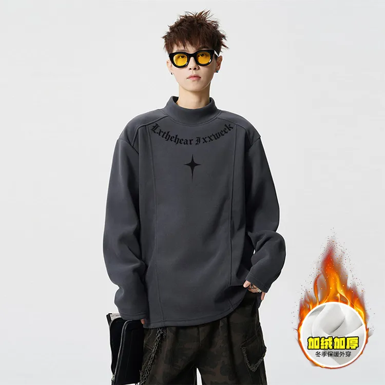 毛茸茸保暖德绒纯色秋冬季加绒加厚长袖半高领打底衫内搭男T恤女