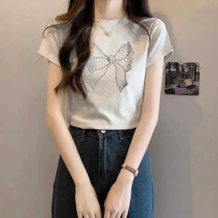 夏季薄款2025年新款正肩纯棉短袖t恤女百搭洋气灰色上衣打底衫潮
