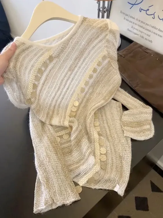 不规则设计感重工亮片圆领长袖针织衫女秋装巨好看宽松慵懒上衣服