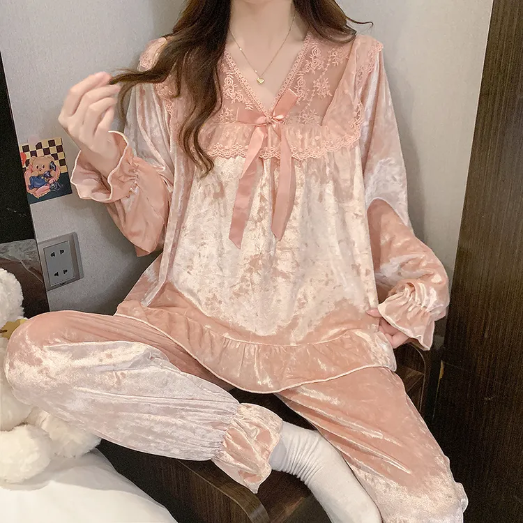 睡衣女春秋性感长袖套装蕾丝甜美女士秋冬可外穿家居服4026