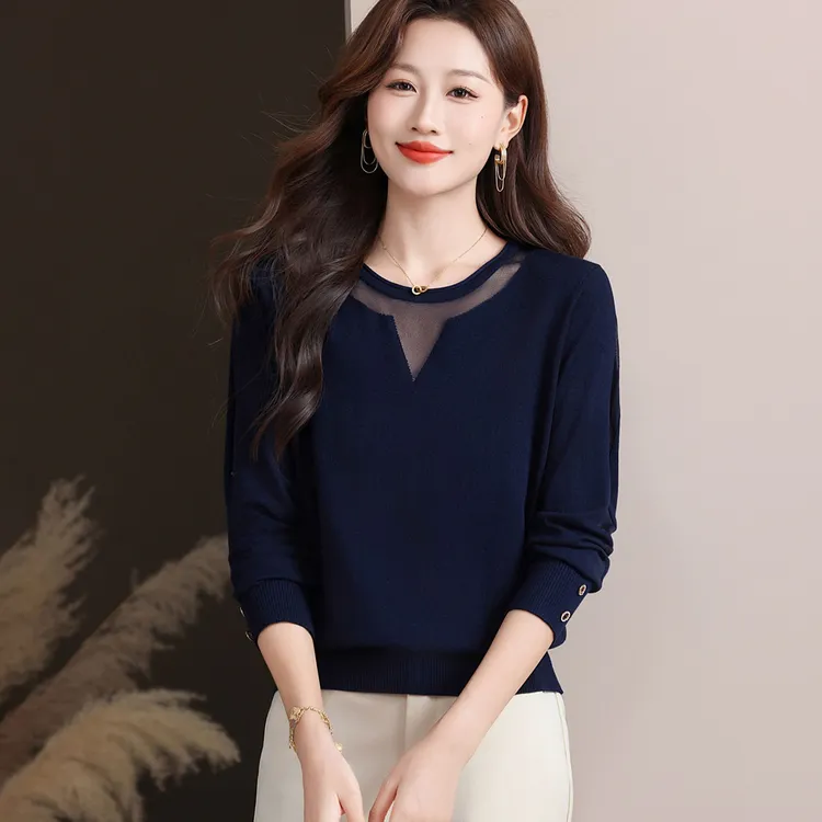 秋季新款纯色圆领羊毛衫毛衣女士镂空显瘦洋气简约针织打底上衣