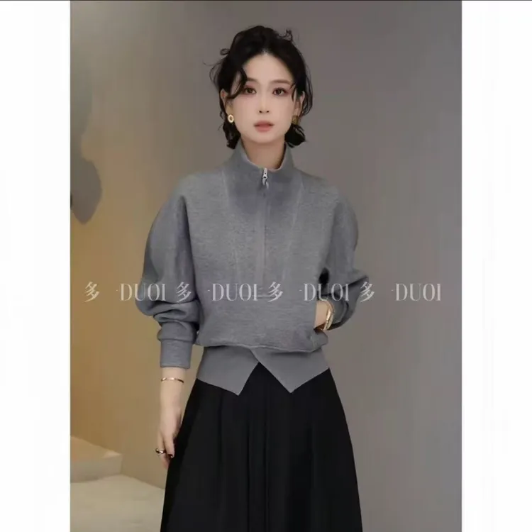 多一“立领卫衣”2025秋季倒三角螺纹松紧开叉半拉链立领长袖卫衣