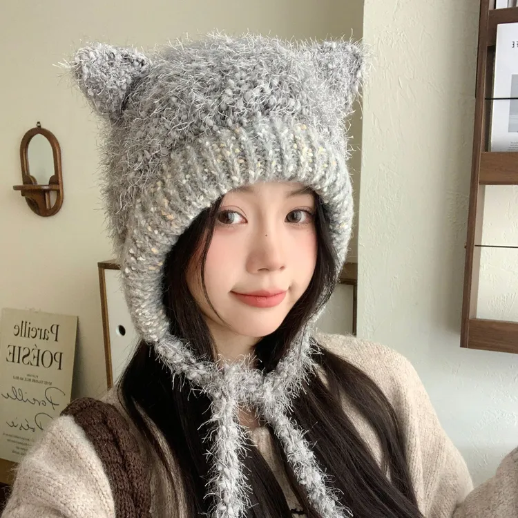 女猫秋冬帽子韩系女式秋冬毛线帽时尚秋冬季学生韩版针织百搭女士