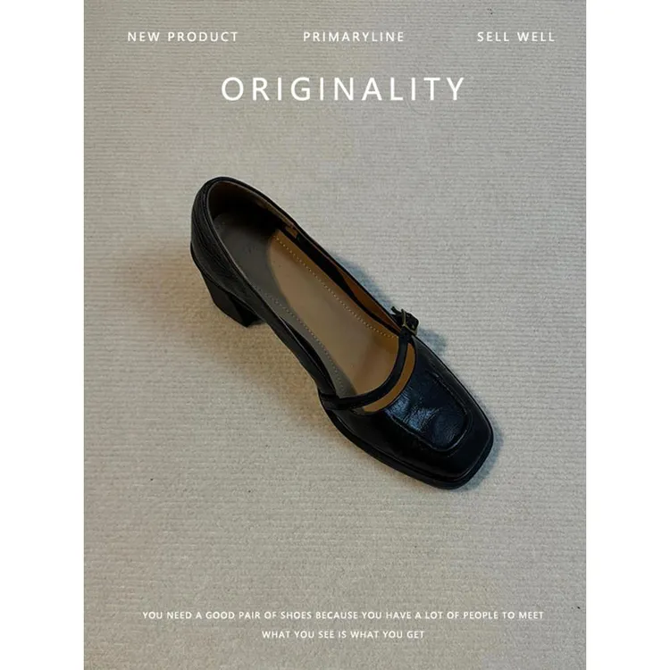 复古高跟鞋女2025春季新款黑色方头一字带百搭粗跟法式气质单鞋女