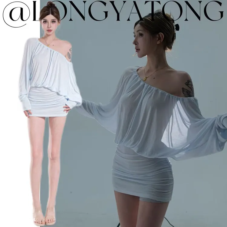 龙牙童推荐【雾蓝柔影】纯欲性感风连衣裙露背斜肩长袖显瘦收腰短裙