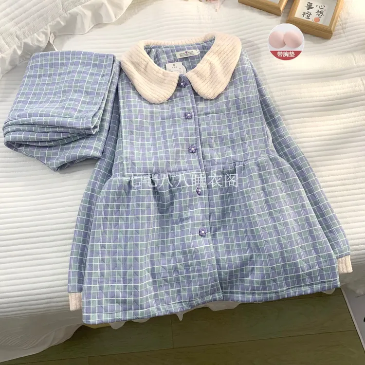 孕妇睡衣秋冬季可外穿带胸垫夹层加厚空气棉月子服11-12月份套装