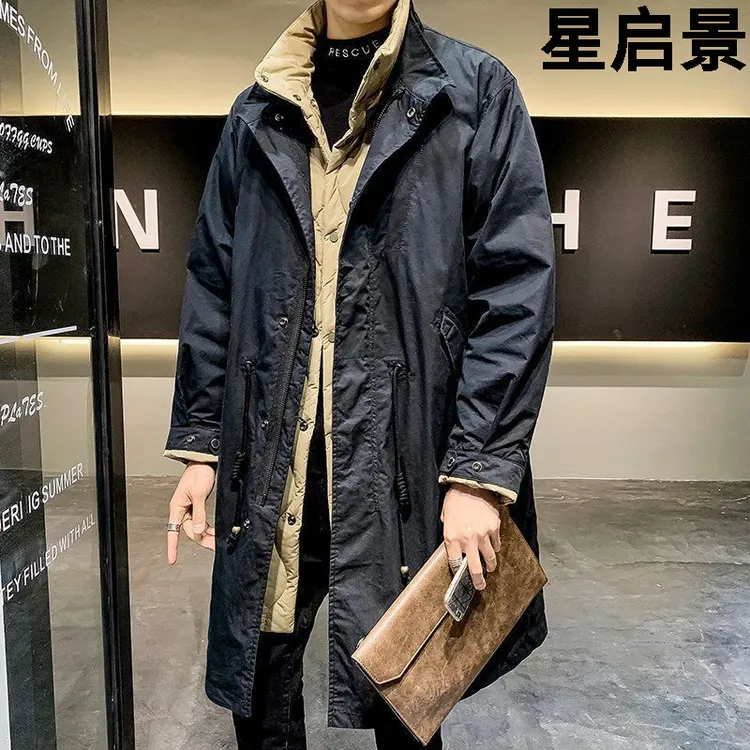 秋冬男士休闲宽松中长款潮流时尚大衣 日系复古假两件内胆式立领