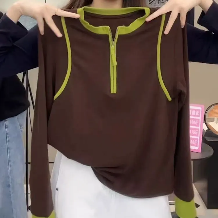 撞色拼接半拉链圆领德绒T恤女大码秋冬新款宽松休闲遮肉薄绒上衣