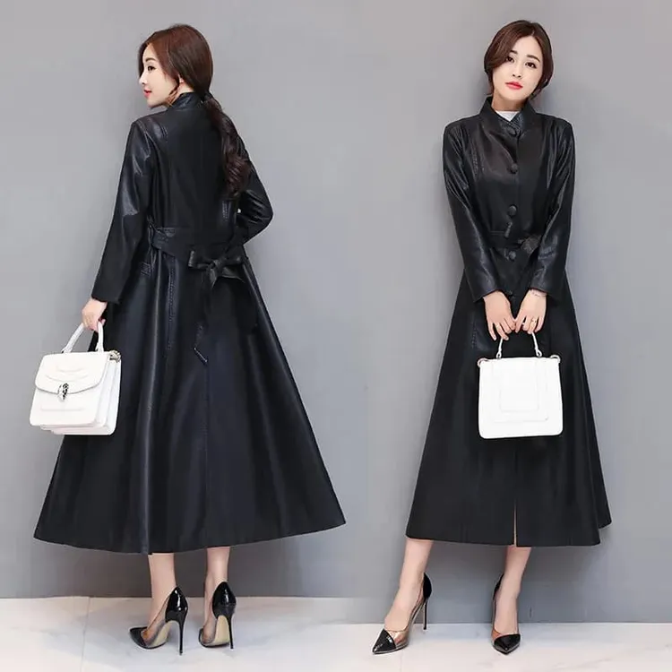 2025春秋新款海宁 欧洲站皮衣女长款过膝皮风衣修身显瘦皮外套潮