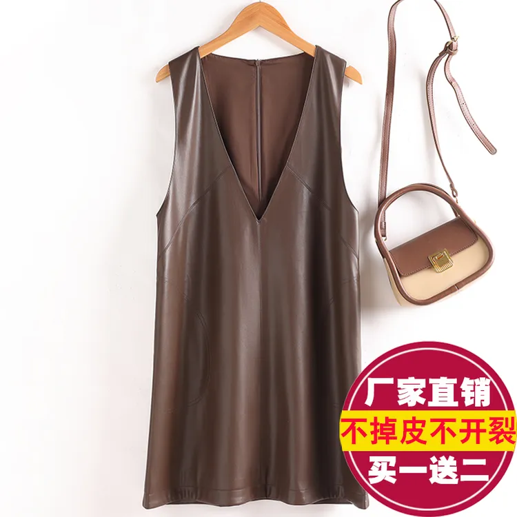 海宁新款皮马甲女中长款无袖坎肩百搭V领连衣裙宽松显瘦a字背心裙