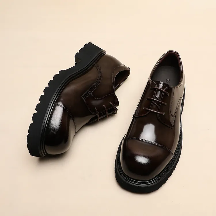 英伦风商务休闲百搭西装小皮鞋透气增高亮面开边珠三接头圆头男鞋