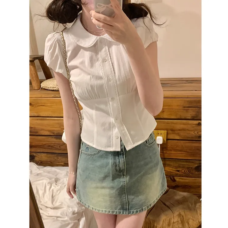 甜美白色蕾丝娃娃领衬衫女夏季温柔风小个子短袖衬衣减龄收腰上衣