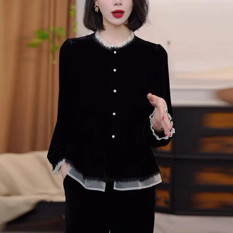 （运费险）2025法式假两件衬衫女士新款气质休闲显瘦黑色丝绒打底