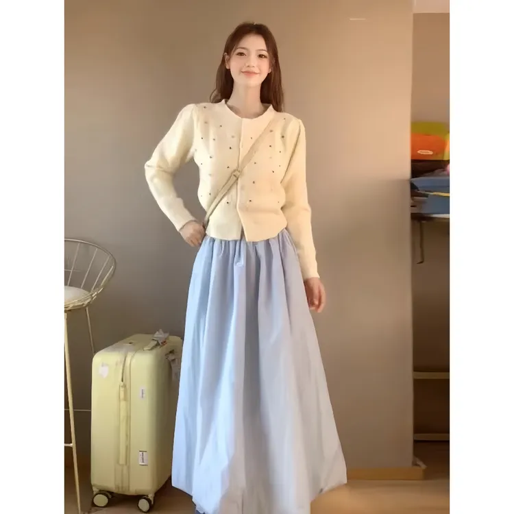 韩剧穿搭一整套温柔风气质圆领针织开衫上衣女秋季半身裙子两件套