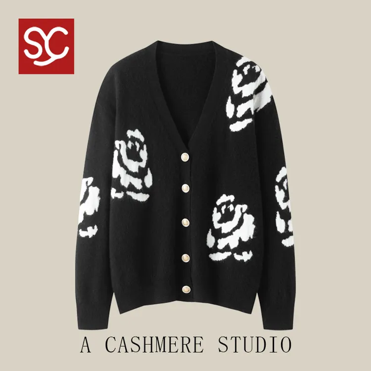 暗夜花影山羊 绒V领温柔山茶花朵针织开衫外套