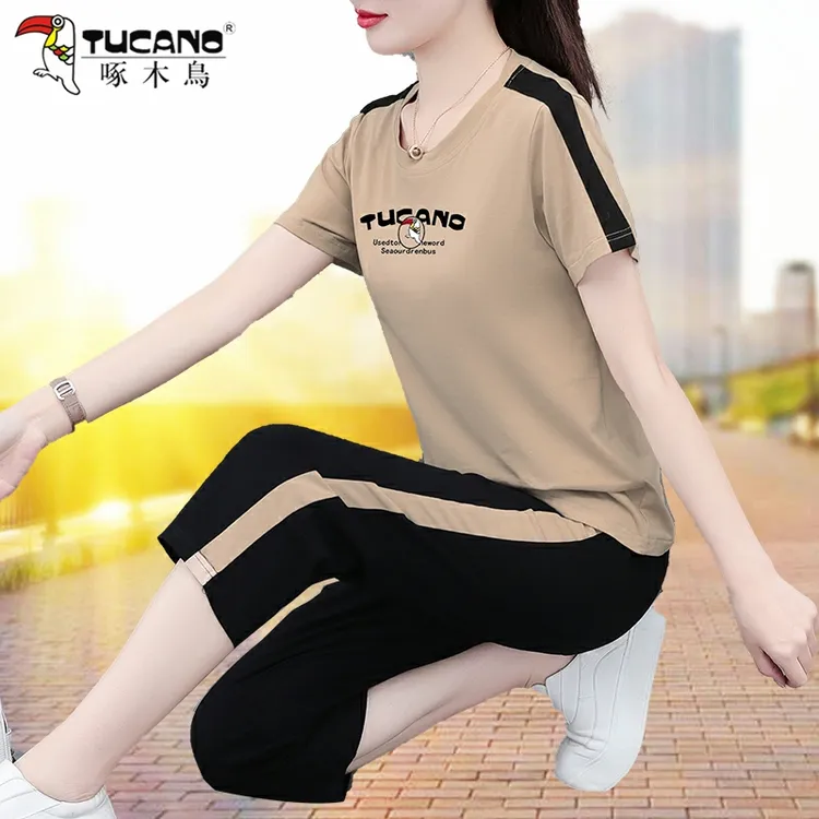 啄木鸟运动服套装女2025新款夏季薄款洋气女装休闲时尚短袖两件套