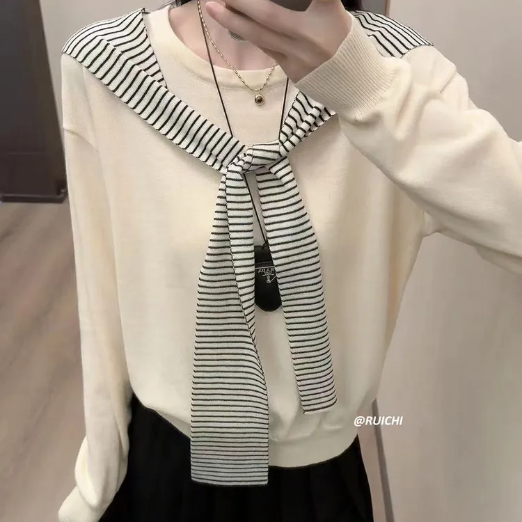 2025秋季韩版两件套披肩条纹圆领长袖高级感洋气薄款针织衫上衣女
