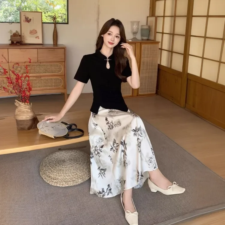 国风气质套装复古新中式上衣水墨印花长裙两件套夏季显瘦小个子