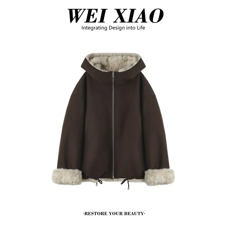 美式高级感两面穿连帽保暖上衣冬季2025新款巨好看加绒加厚短外套