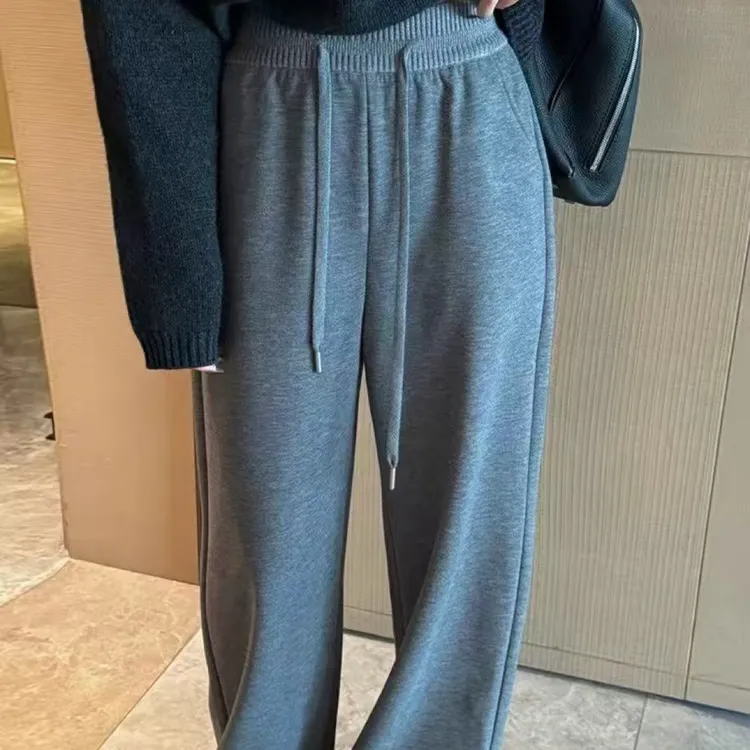 冬季韩版加绒加厚保暖阔腿裤拖地裤羊绒百搭高腰显瘦糯米裤慵懒