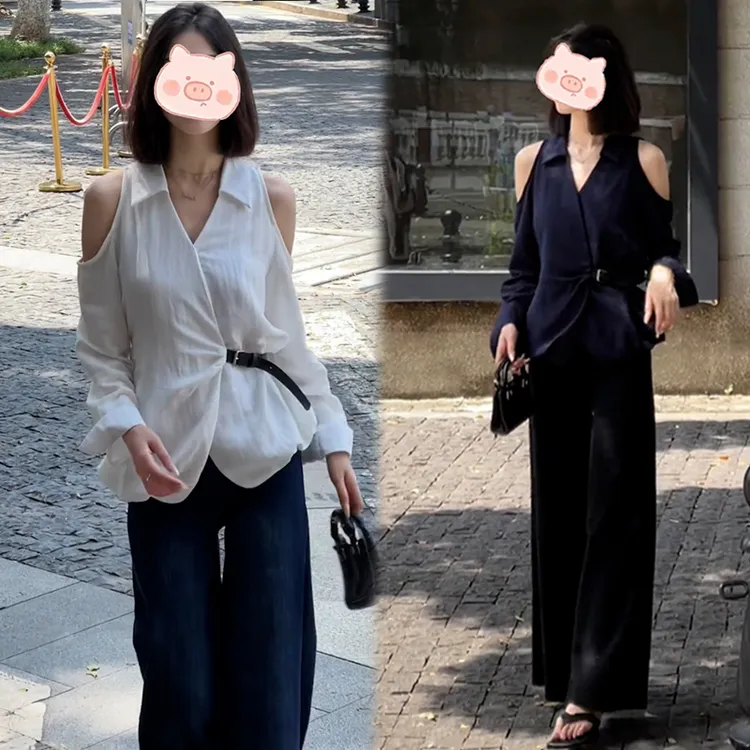2025早秋独特超好看设计感法式纯色长袖收腰上衣搭配显瘦阔腿裤女