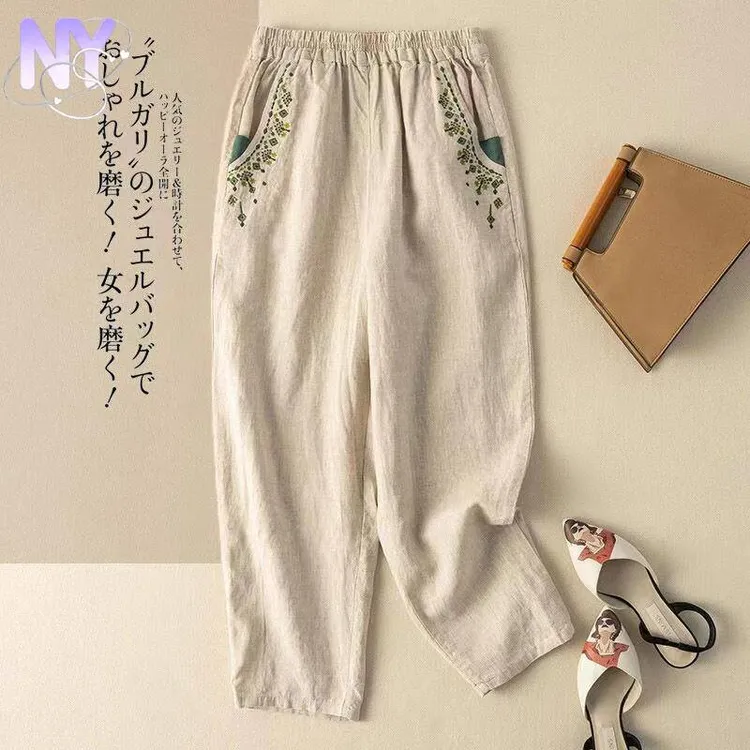 【轻奢潮牌】刺绣时尚休闲裤子女2025新款夏季薄款中年妈妈苎麻九分