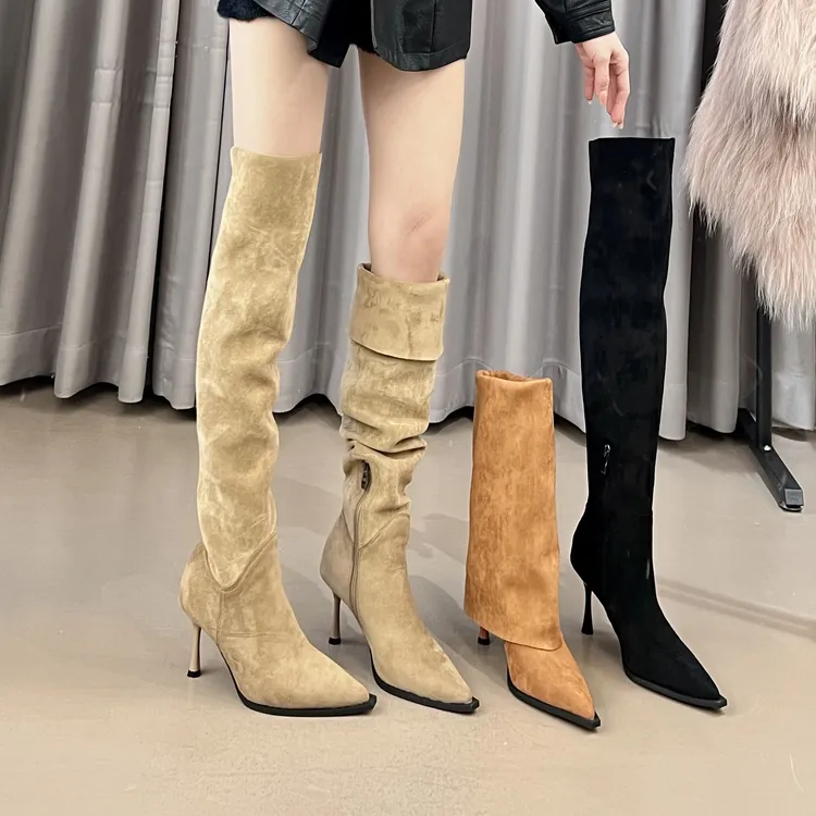 一靴多穿～气质尖头绒面过膝靴长筒靴堆堆靴烟管时装靴高筒靴秋冬