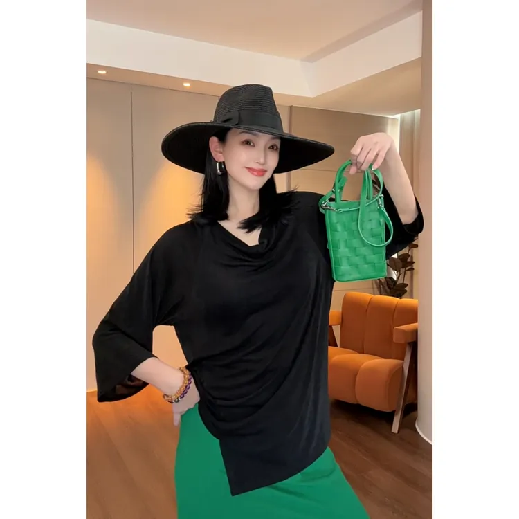 紫紫  醋酸荡领衫   凉感精工立裁袖结构松弛宽松上衣ZD03SZYL254