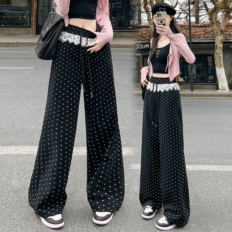 实拍2025春季甜美蕾丝花边波点高腰窄版显瘦卫裤女直筒休闲阔腿裤