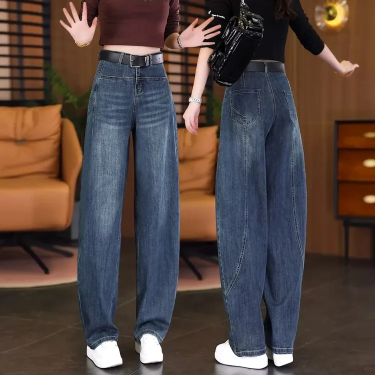 加绒复古风高腰弯刀裤秋冬季2025新款牛仔裤时尚阔腿裤宽松裤子潮