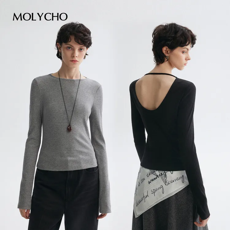 MOLYCHO｜氛围美学_后背U型镂空针织T恤女_修身显瘦内搭打底上衣