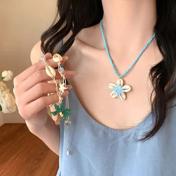 铜合金贝壳项链 夏季海边度假风贝壳串珠项链甜美少女小花锁骨链