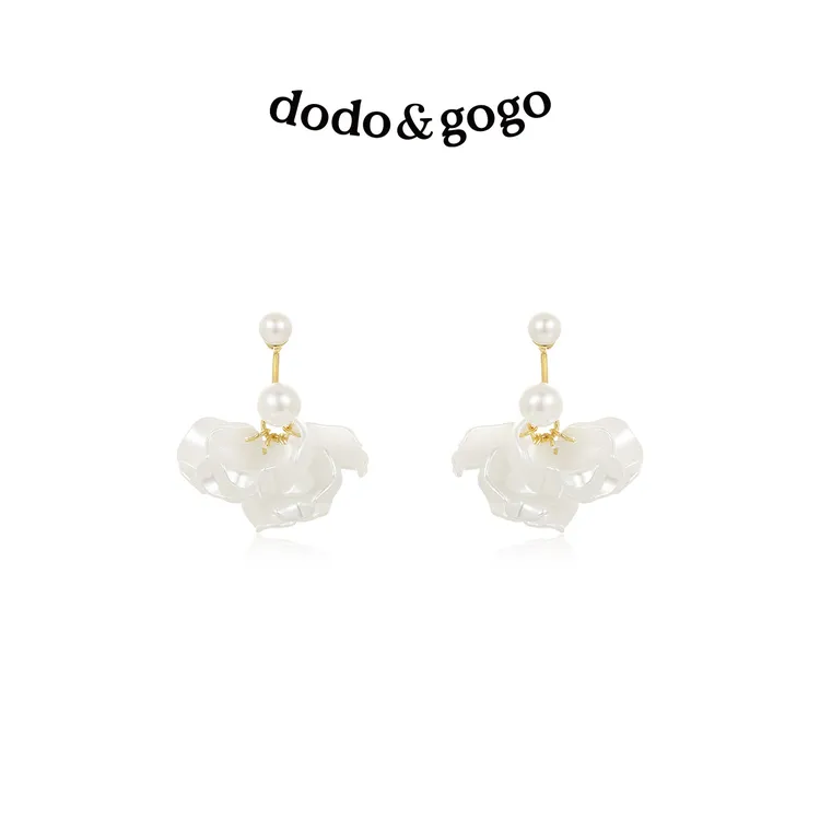 DODOGOGO 合金仿珍珠耳饰 复古珠珠后挂白色花瓣耳钉精致气质耳环