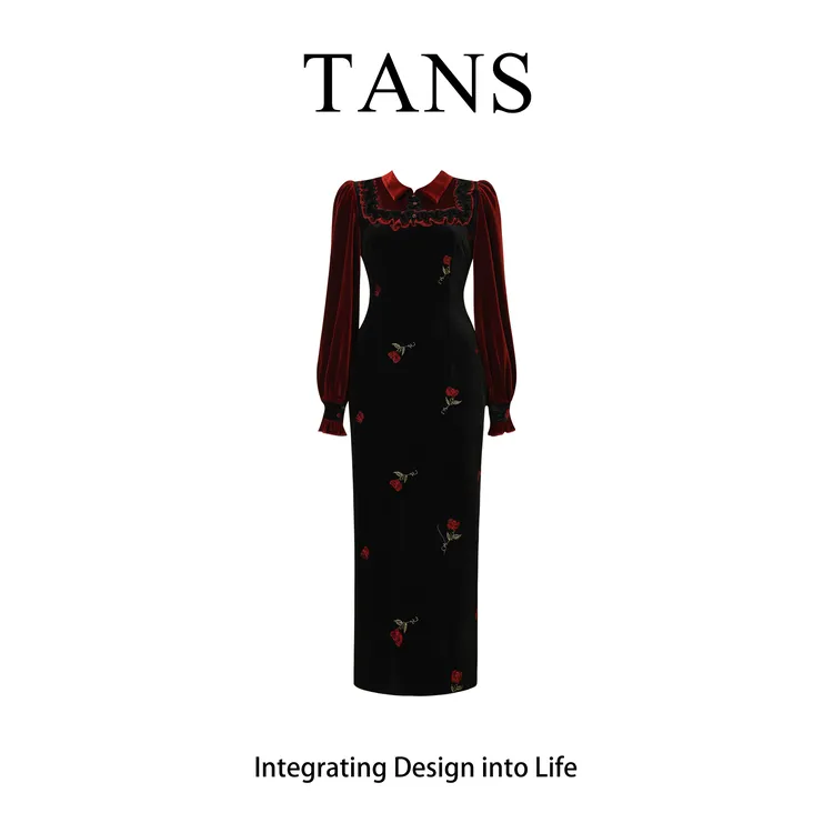 现货 TANS【秋季新品】法式气质连衣裙秋季复古假两件丝绒长裙