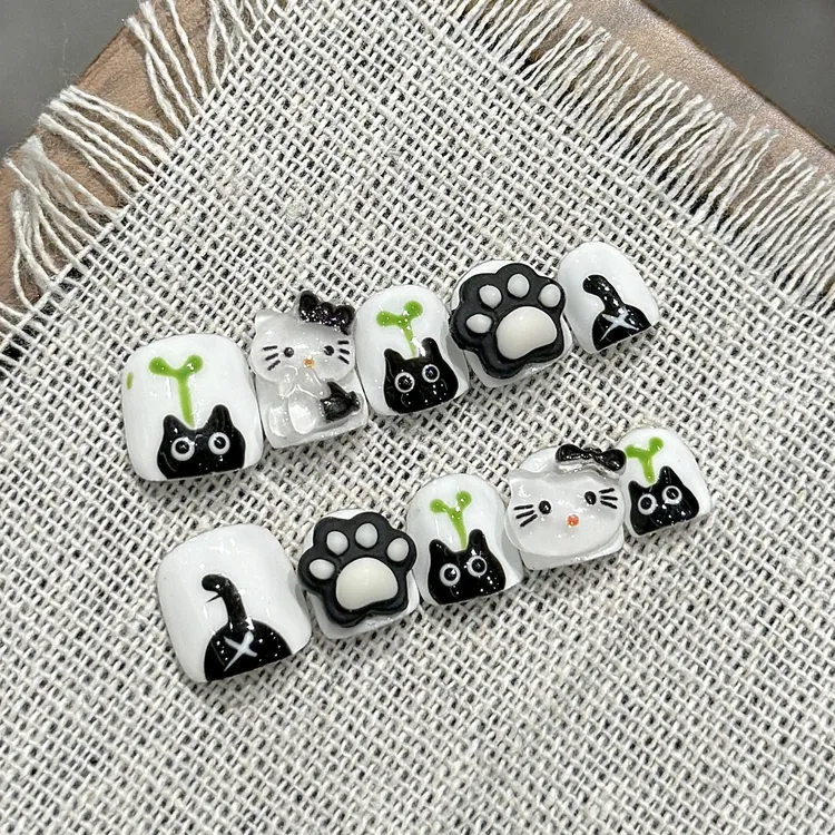 小黑猫｜小朋友手工穿戴甲可爱黑猫kt不伤指甲贴10片