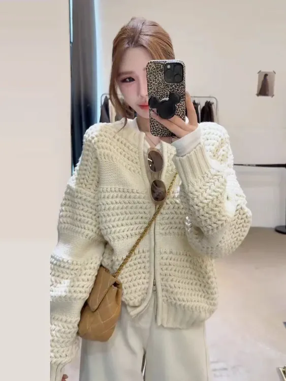 高级感厚实圆领拉链针织开衫女秋冬新款韩系别致时尚毛衣外套上衣