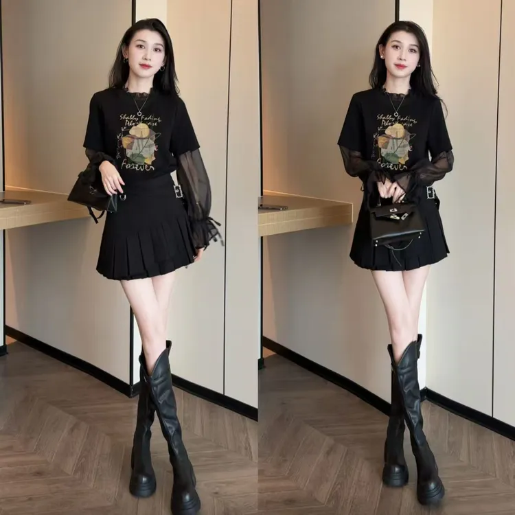 植物系神秘姐感朦胧网纱拼接设计感长袖T恤+腿精半裙裙两件套