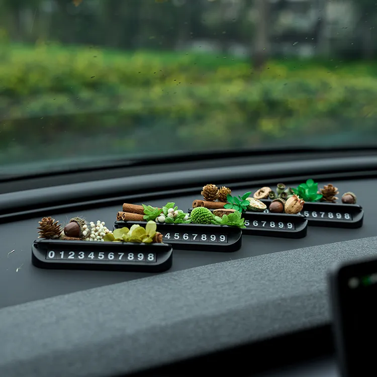 临时停车号码牌DIY干花汽车上装饰品实木手机挪车电话牌车载摆件
