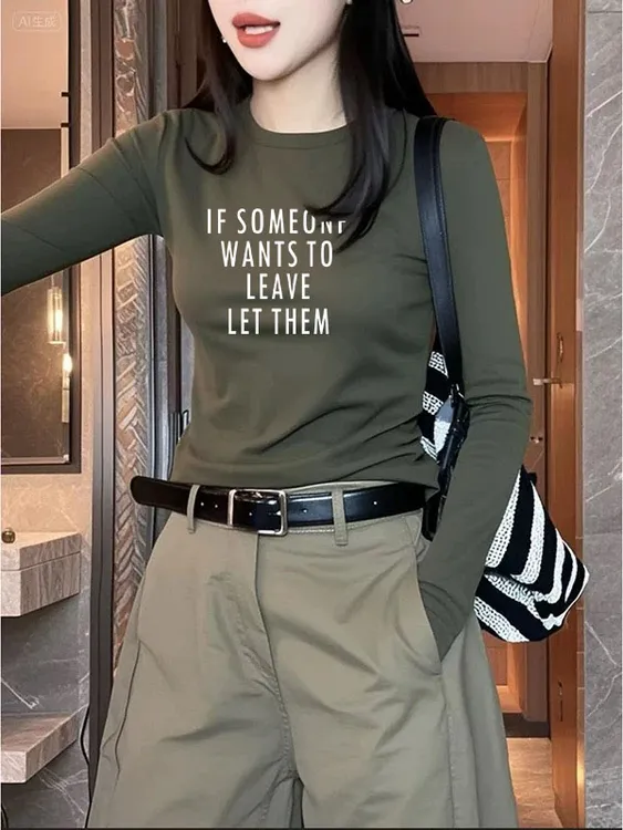 美式休闲港风军绿色秋季新款内搭正肩显瘦上衣长袖打底女士棉t恤