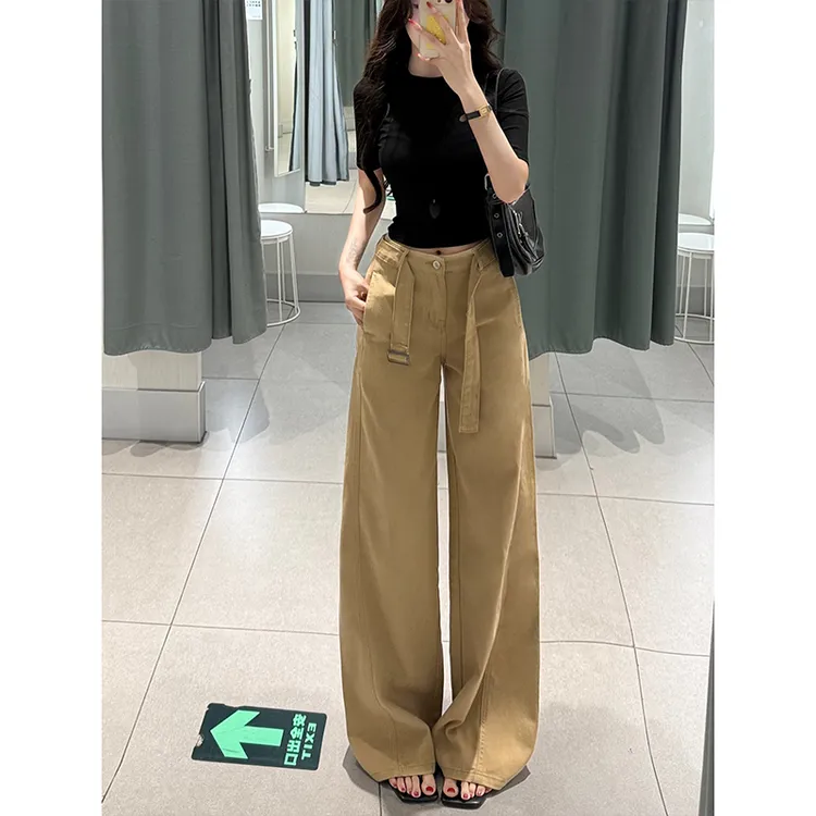 卡其腰带高腰阔腿牛仔裤女2025秋季新款慵懒休闲宽松百搭拖地长裤