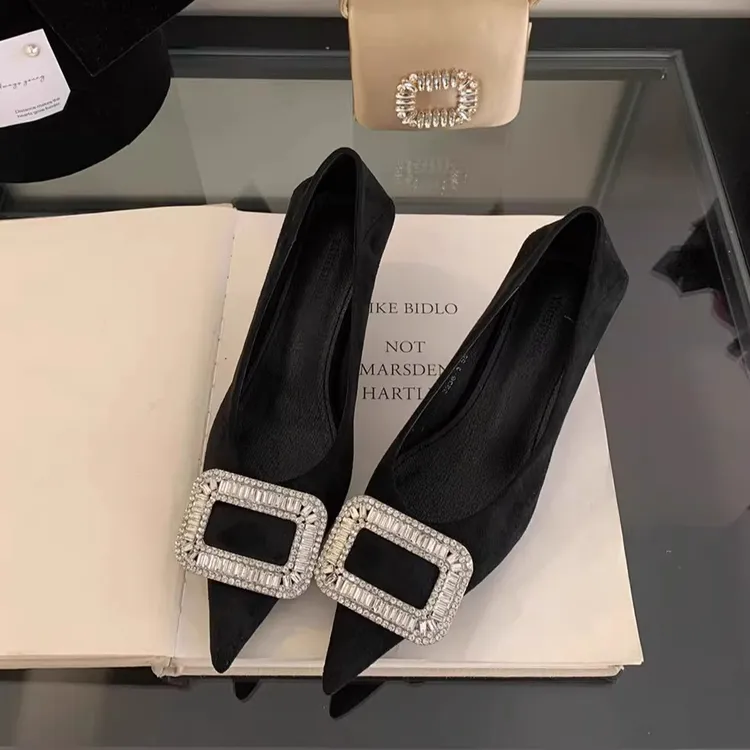 3cm绒面水钻方扣细跟尖头单鞋女鞋2025春秋新款气质名媛高跟鞋