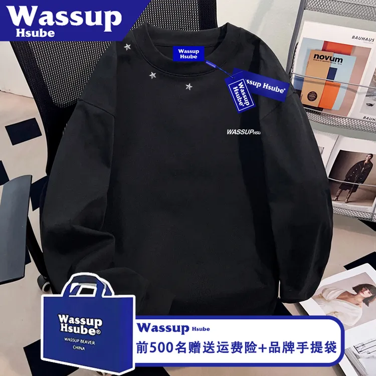 WASSUP HSUBE五角星潮牌印花T恤ins男女黑色长袖秋季100%纯棉上衣