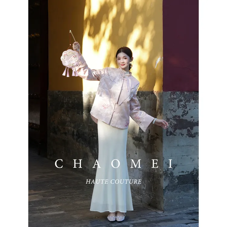 【粉格格】冯（CHAOMEI国风新中式桃夭粉羽绒服外套+丝绒人造丝半裙